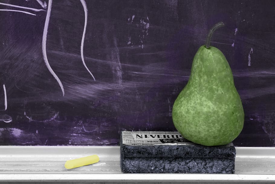 green fruit placed on black surface, school, chalkboard, pear HD wallpaper