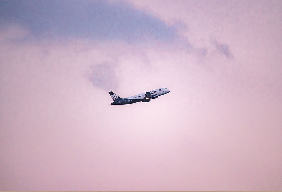 white airplane on sky with white clouds, flight, aeroplane, travel, HD wallpaper