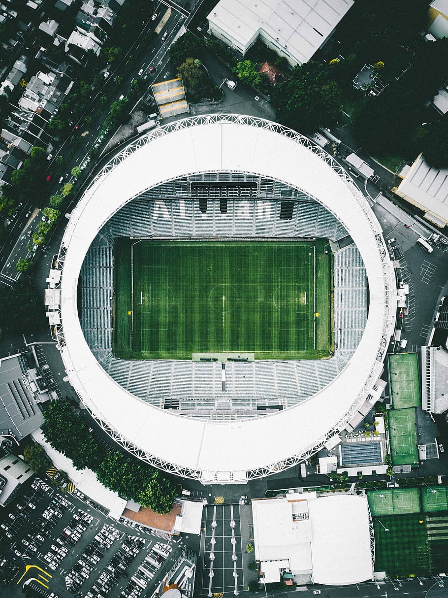 aerial view of green stadium, aerial photography of soccer field