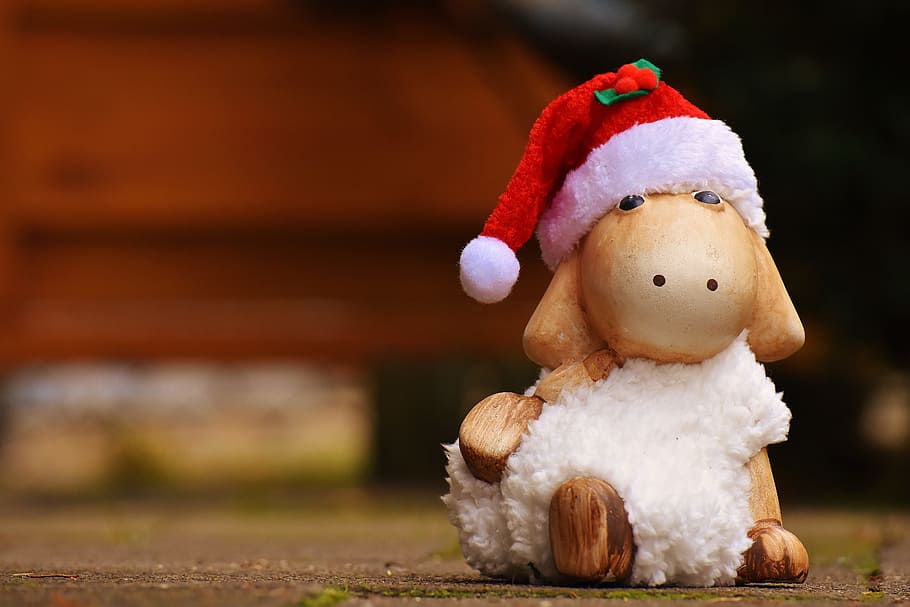 brown wooden sheep with santa hat figurine on ground in selective-focus photography
