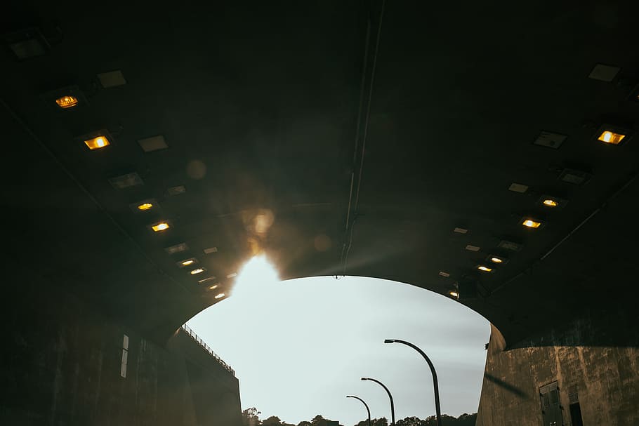 tunnel, road, overpass, lamp posts, architecture, built structure HD wallpaper