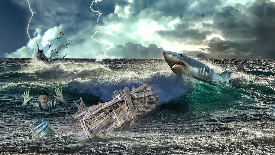 ship sinking, forward, flash, storm, gloomy, thunderstorm, composing HD wallpaper