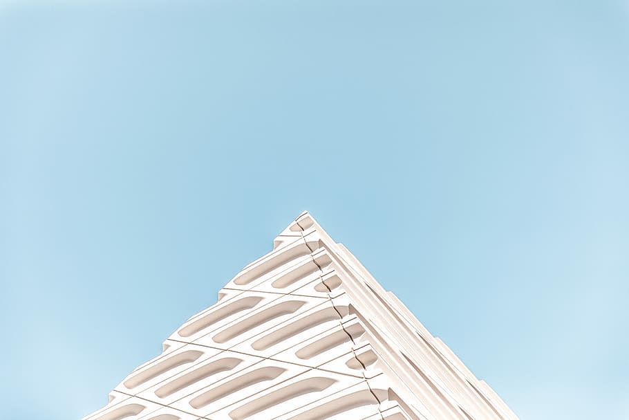 white pyramid structure, low angle photo of white building under blue sky HD wallpaper