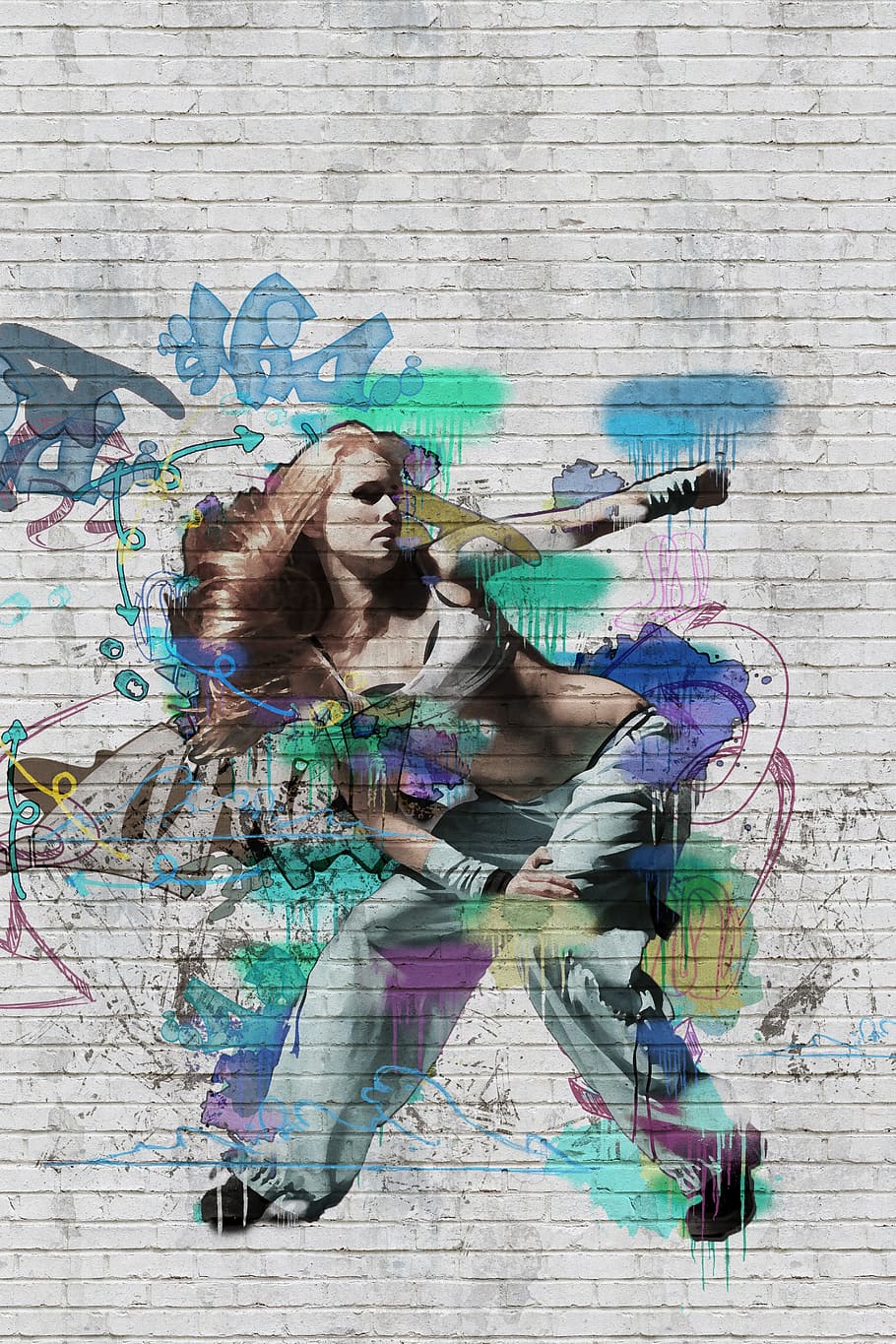 painting of woman wearing white crop top, graffiti, dancing, girl