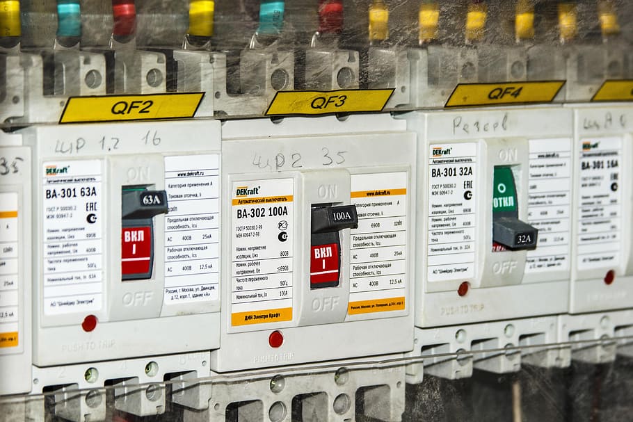 three white circuit breakers close-up phot, electricity, device HD wallpaper