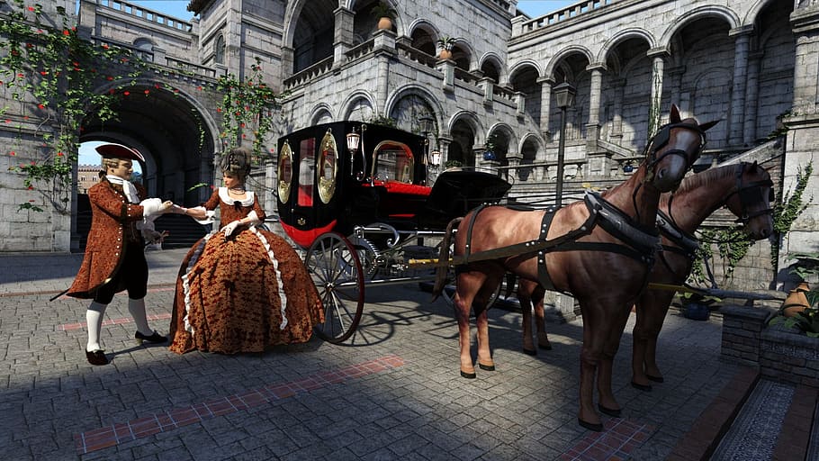 couple holding hands near horse carriage outdoor, castle, rococo HD wallpaper