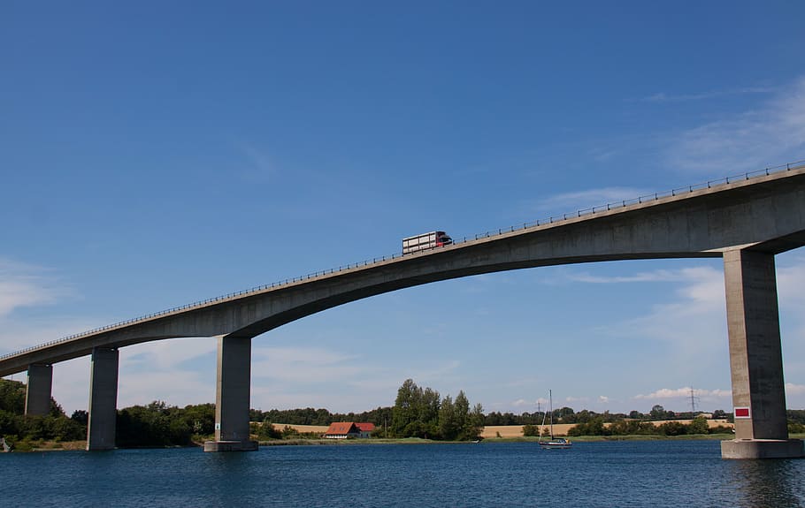 transportation, bridge, truck, blue, cloud, sea, water, jutland, HD wallpaper