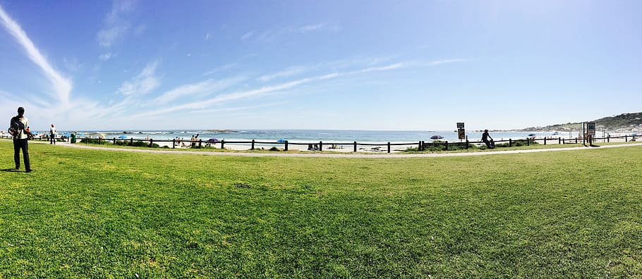 panorama, grass, sky, water, sea, architecture, beach, land HD wallpaper