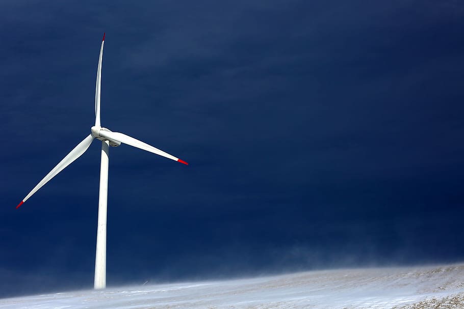 white wind turbine, windmill, dark, mountain, air, travel, adventure HD wallpaper