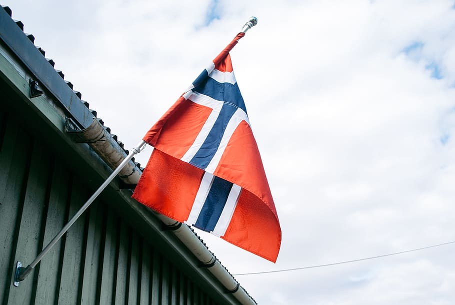 Norwegian flag, other, red, sky, patriotism, low angle view, wind HD wallpaper