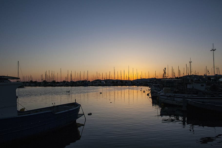 alghero, porto, sunset, landscape, sea, boats, sky, pier, water HD wallpaper