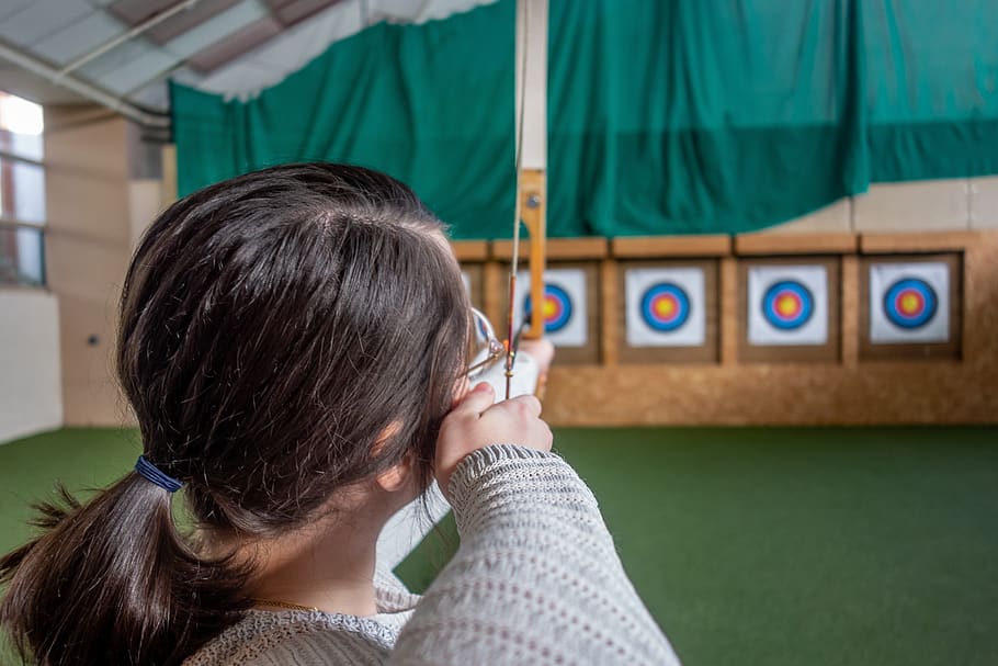 archery, shooting, target, objective, arrow, sport, room, person HD wallpaper