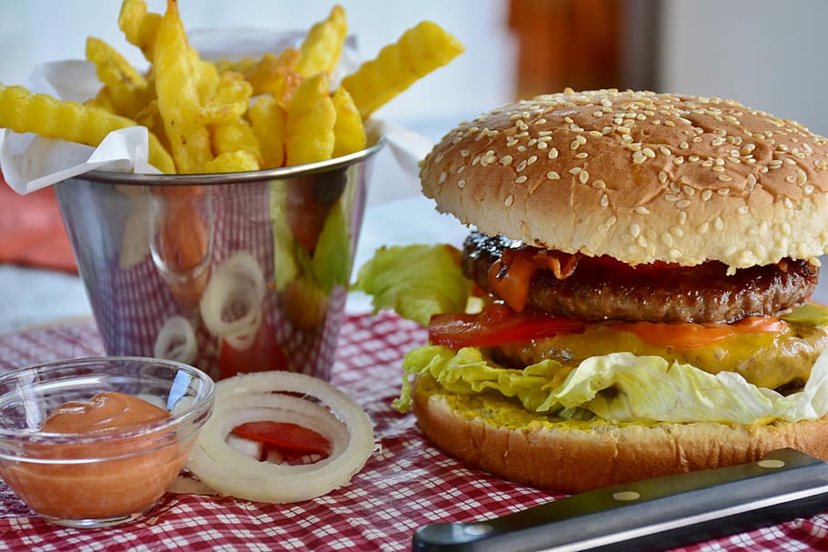 hamburger dish and potato fries, bbq, food, fast food, delicious, HD wallpaper