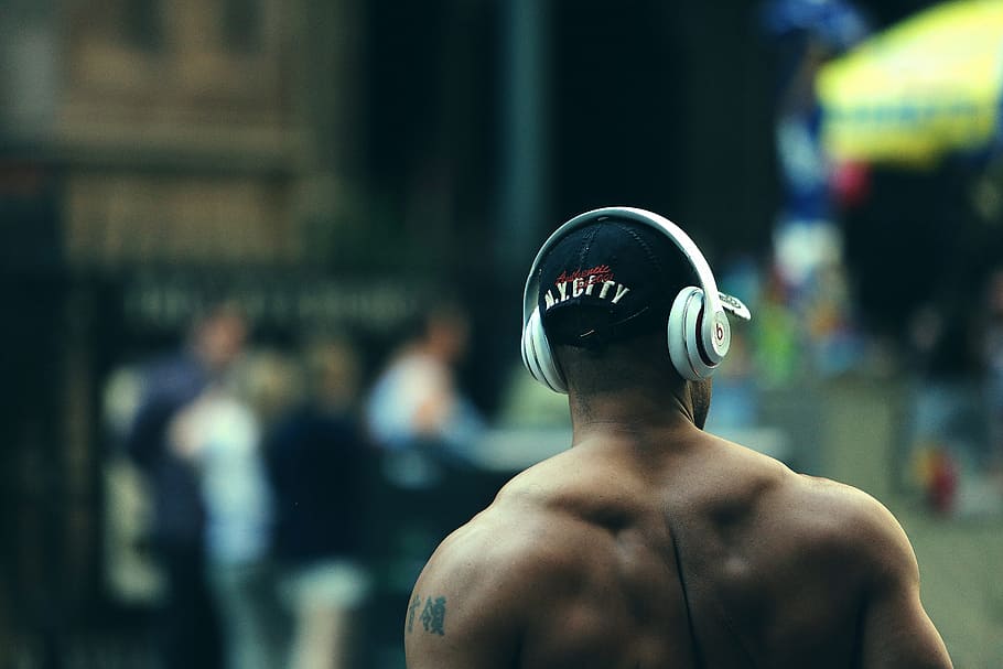 man in white headset, bodybuilder, muscles, fitness, weight lifting