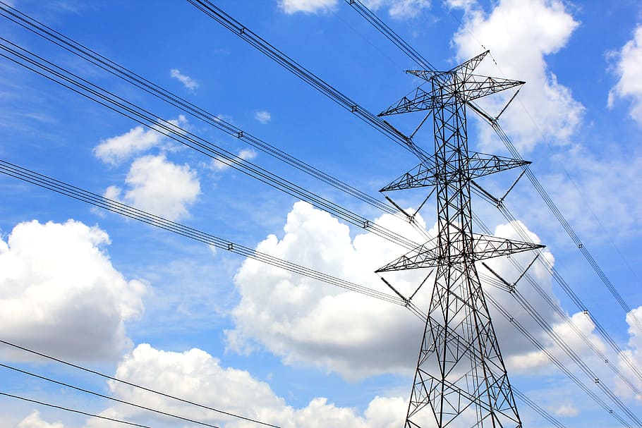 sky, cable, electricity, blue, metal, power, voltage, high HD wallpaper