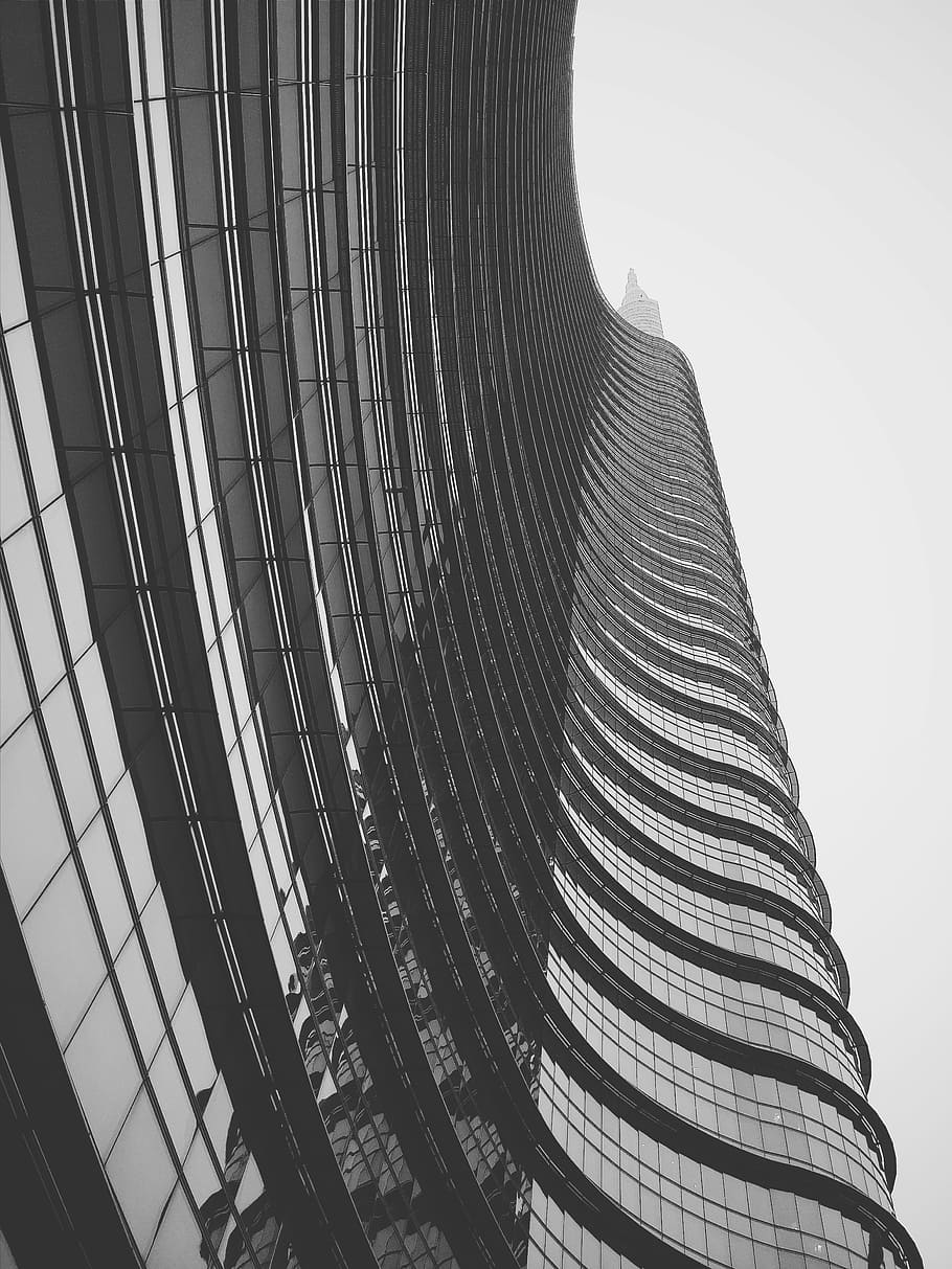 architectural photography of glass building, worms eye view of black concrete building HD wallpaper