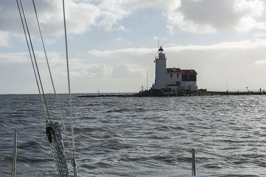 lighthouse, marks, boat, water, ship, vessel, clouds, blue HD wallpaper