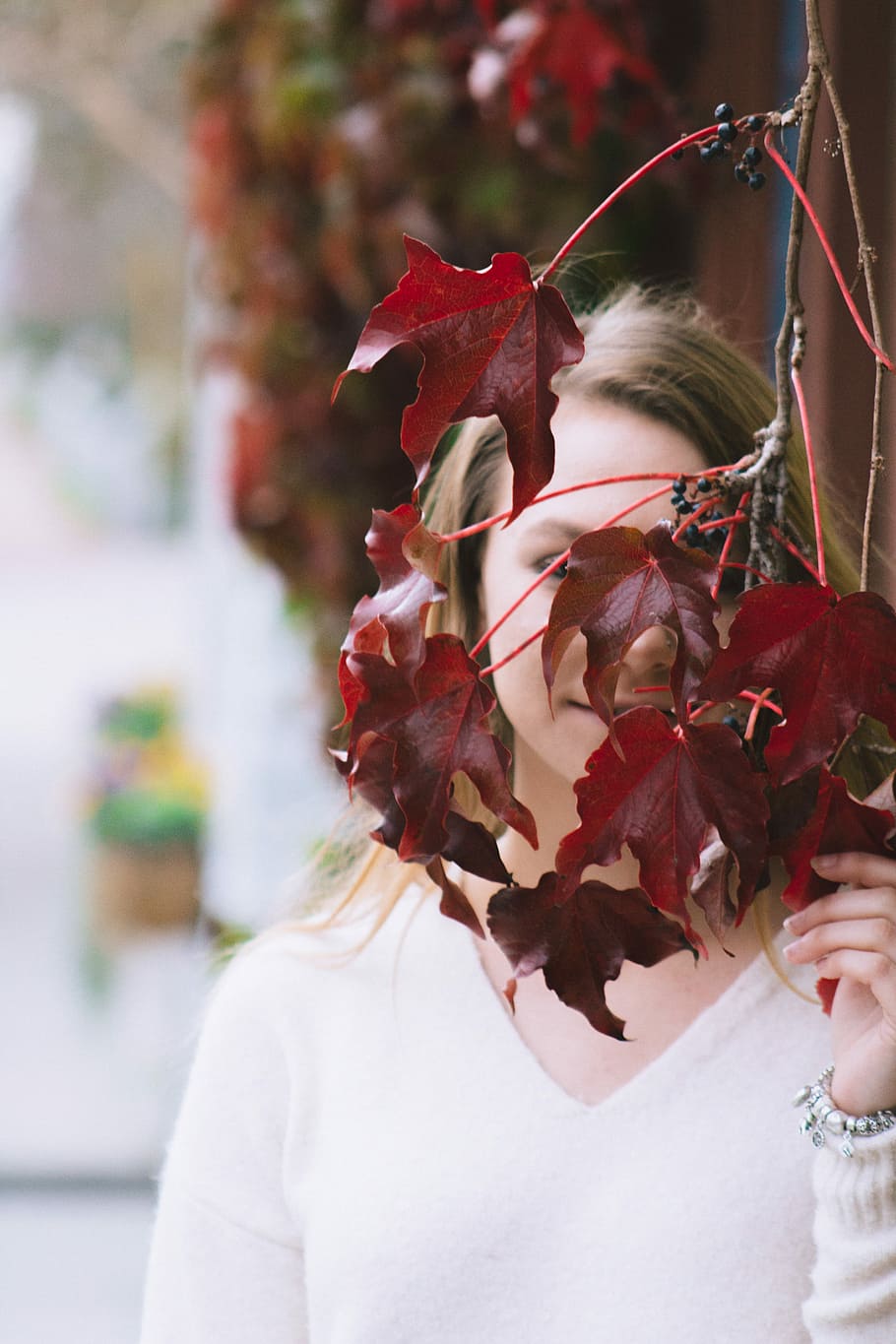 woman wearing white V-neck sweatshirt, leaf, tree, berries HD wallpaper