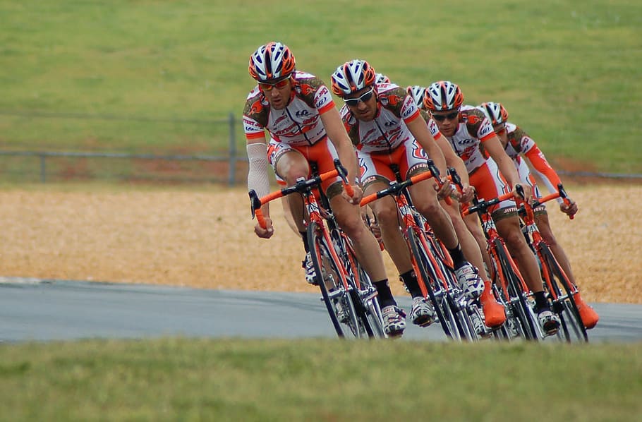 four men riding bicycle on race, action, athletes, cyclists HD wallpaper