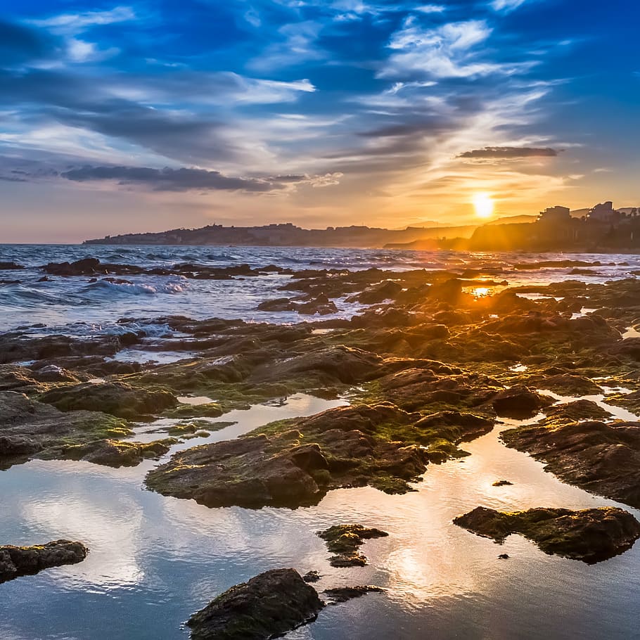 brown rocks and beach wallpaper, sunset, costa, blue, sky, orange HD wallpaper