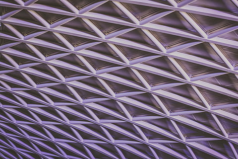 Latticework of support beams in a ceiling, low angle photography of white metal roof frame HD wallpaper