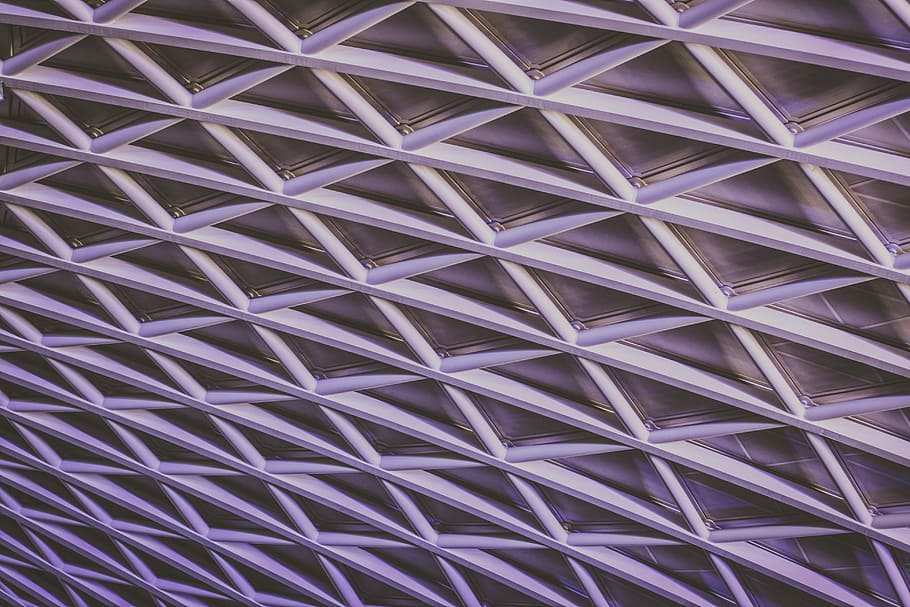 Latticework of support beams in a ceiling, low angle photography of white metal roof frame HD wallpaper