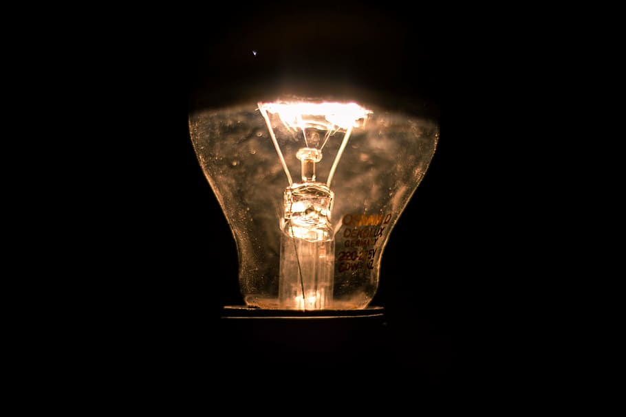 lighted filament bulb, close, photography, clear, dark, night, HD wallpaper