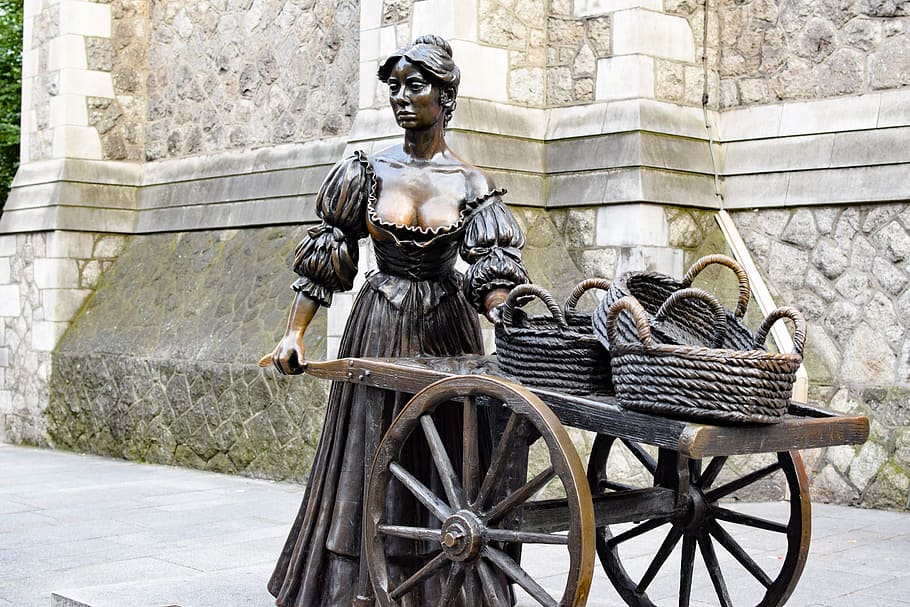 statue of woman pushing cart, molly malone, attraction, fiskmadam