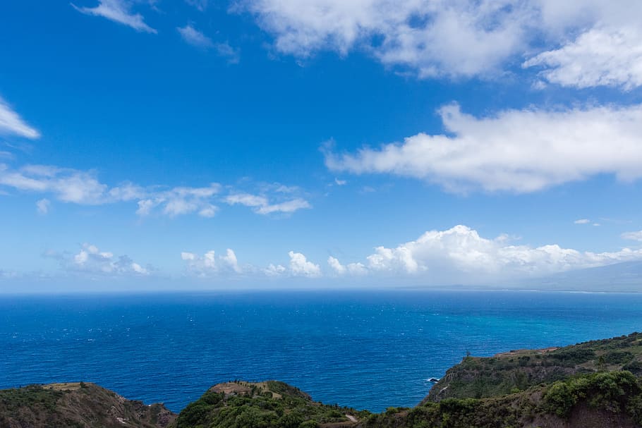 blue clouds above ocean near mountain panoramic photography, landscape photo of mountain near sea HD wallpaper