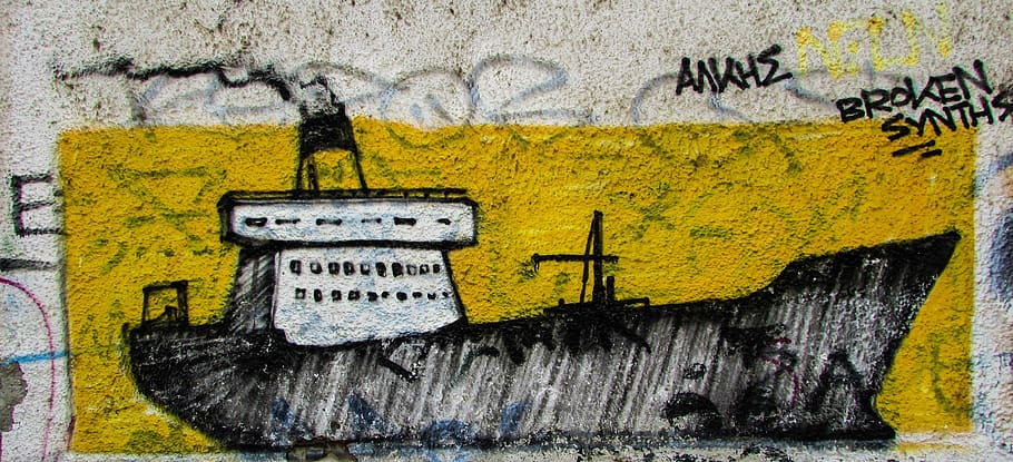 boat, graffiti, wall, urban, city, graffiti wall, street, greece, HD wallpaper