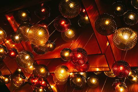 photo of assorted-color bauble hanging on ceiling, red, gold HD wallpaper
