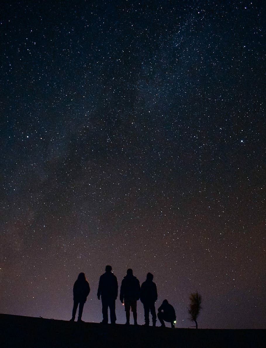 silhouette of five persons staring at the stars at night, silhouette of five people under sky with stars photo taken during nighttime