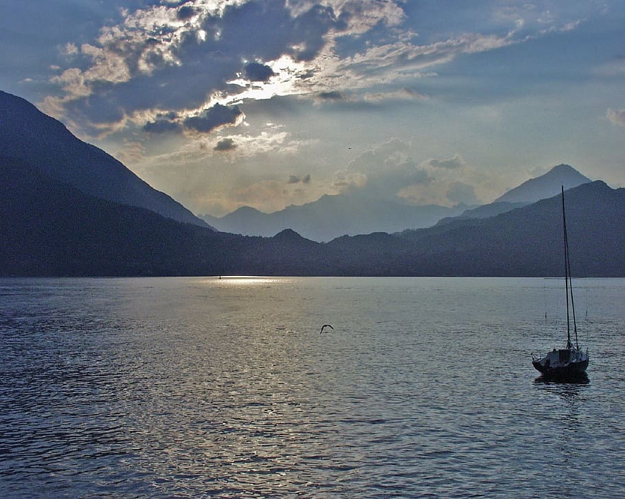 boat on water at daytime, lake como, calm, mountains, clouds HD wallpaper