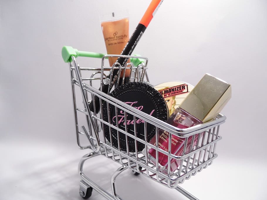 shopping cart with assorted cosmetics inside, Shopping, Online, HD wallpaper
