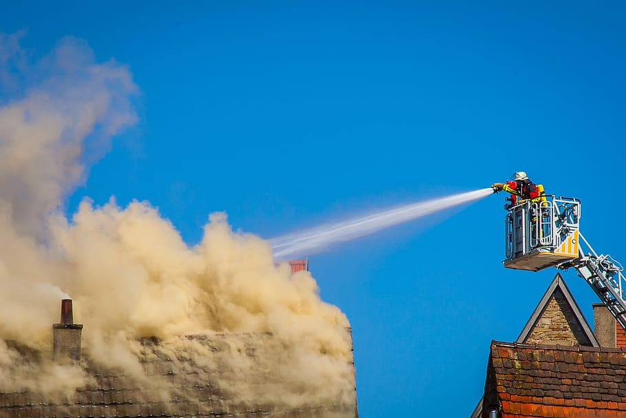 firefighter under blue sky during daytime, smoke, brand, burn, HD wallpaper