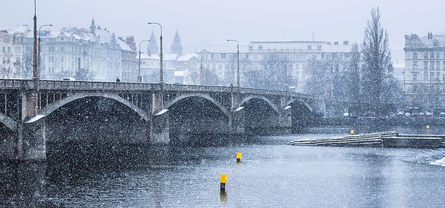 photo of gray and black concrete bridge, snow, winter, snowy HD wallpaper