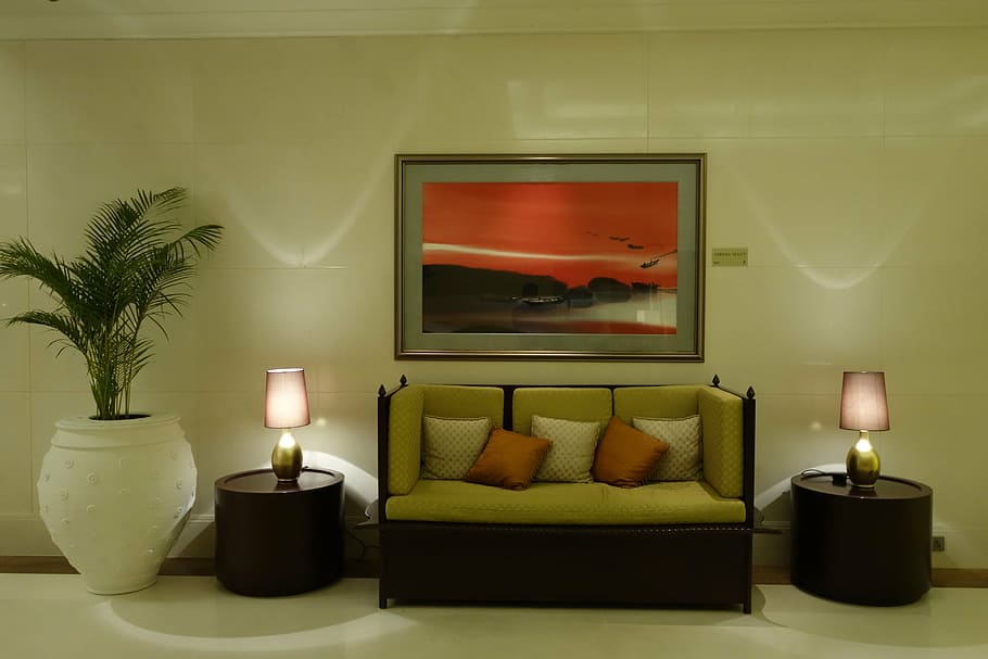 empty bench beside lighted lamps in room, lights, interior HD wallpaper