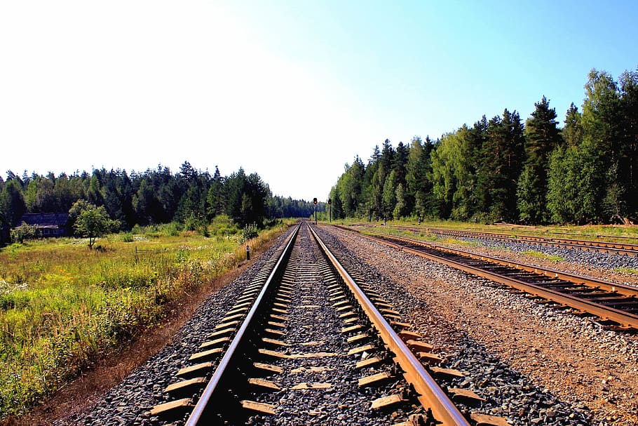 empty brown train track near green plants during daytime, railway, HD wallpaper