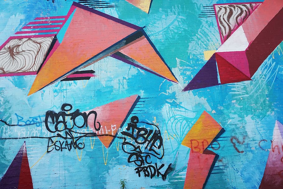 blue and multicolored wall full of graffitis, blue, red, and black graffiti board HD wallpaper