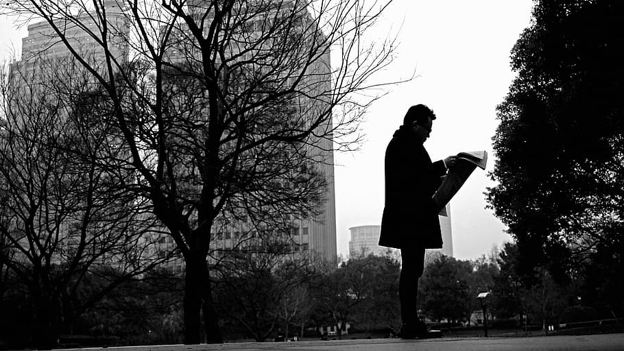 black and white photo of man standing beside trees, asia, china HD wallpaper
