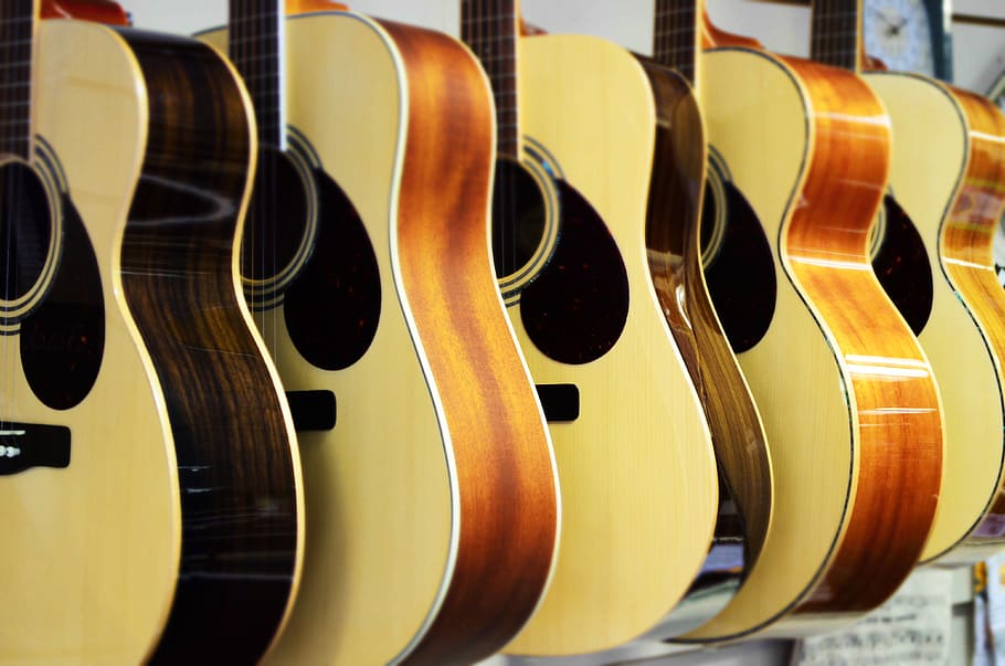 brown and beige acoustic guitars, new, fun, art, music, relaxation HD wallpaper