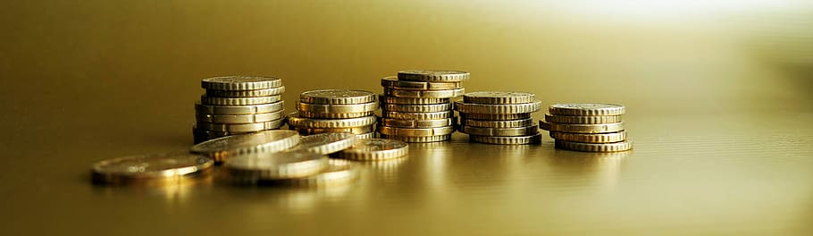 gold-colored coins selective focus phot o, golden, loose change, HD wallpaper
