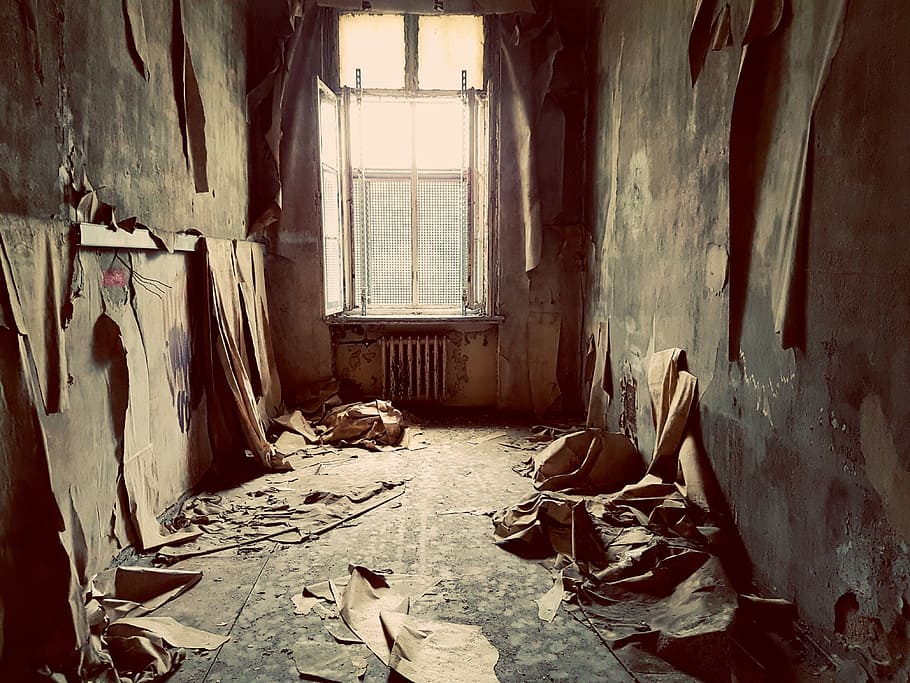 hallway with brown papers and trash on floor during daytime HD wallpaper