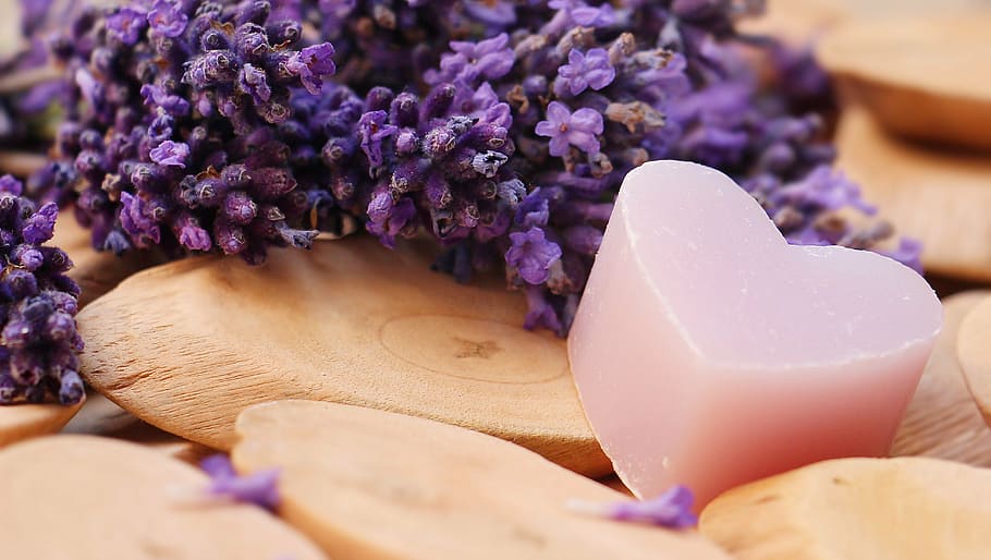 depth of field photography of pink heart soap beside lavender flowers, HD wallpaper