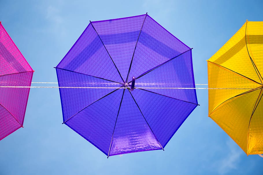 Umbrellas, Sky, summer, blue, protection, low angle view, yellow HD wallpaper