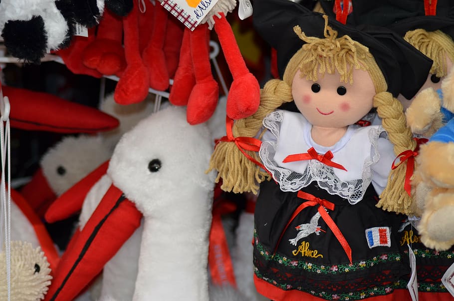 alsace, doll, alsatian doll, traditional costume, france, stork, HD wallpaper