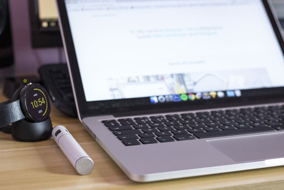 MacBook Pro turned on, turned on MacBook, desk, office, laptop HD wallpaper