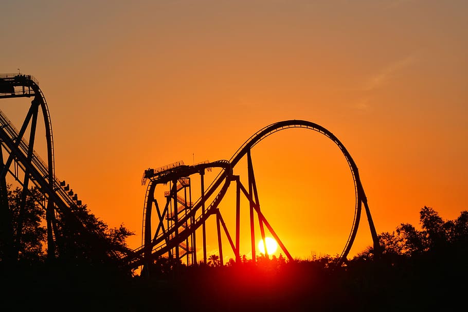roller coaster rail during sunset, Tourism, park, sunlight HD wallpaper
