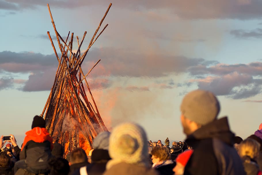 human, sunset, sky, easter fire, mass, event, burn, group of people HD wallpaper