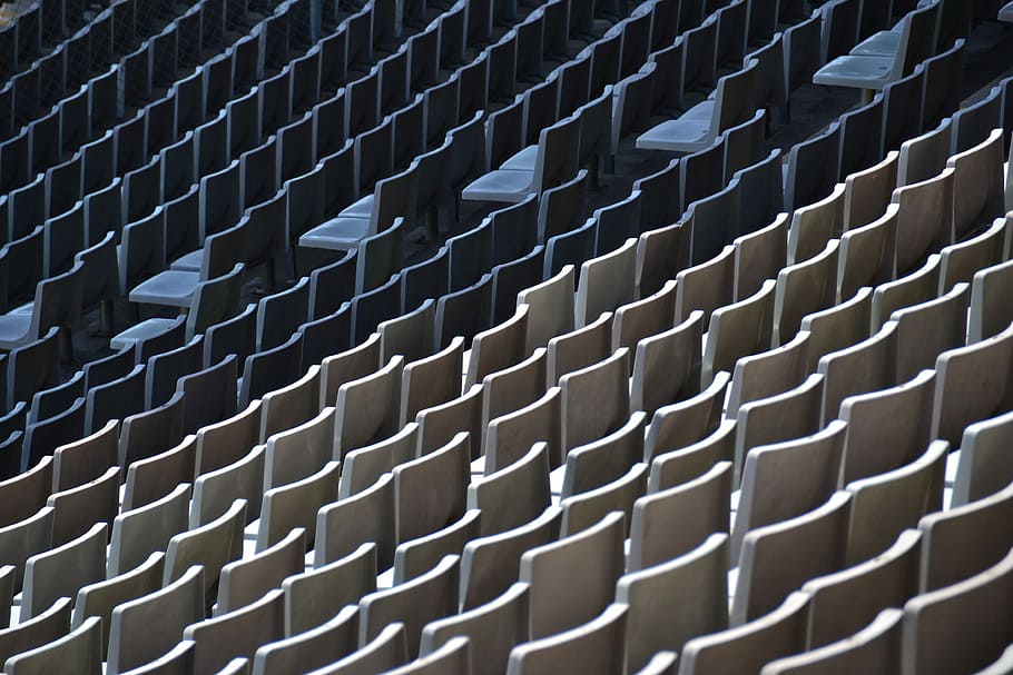 white chair lot in stadium, white metal chair lot, seating, empty seating HD wallpaper
